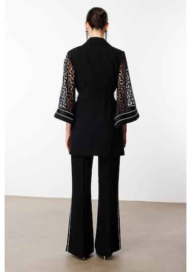 Moda İlgi Kadın Evaze Kol Şerit Taş Aksesuarlı Uzun Ceket 0027 Siyah Siyah
