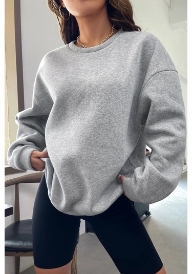 Modagen Unisex Gri Brooklyn 1898 Baskılı Bisiklet Yaka Oversize Sweatshirt Gri