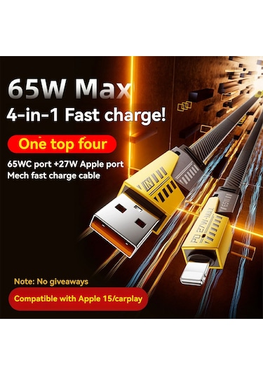 Symbee Metal Nilon Örgü 4'lü Şarj Kablosu 65w+27w Çok Fonksiyonlu Ios/type-c Uyumlu Arabada Ve Evde Hızlı Şarj 1.5m Kutulu