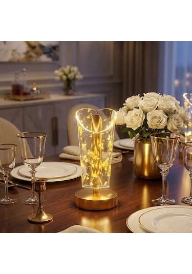 Buffer Açık Silindirik Kristal Altın Toz Model Led Masa Lambası Gold Tabanlı, Dokunmatik, Renkli