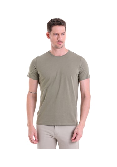 Hatemoğlu Regular Fit Pamuk Bisiklet Yaka Düz Erkek Tişört Açık Haki