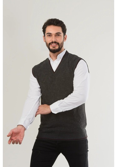 Kamalı Gri Erkek V Yaka Triko Örgü Tüylenmez Süveter Regular Fit Saç Örgü Desenli Gri