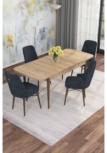 Mona Meşe 80x132 Açılabilir Mdf Masa Yemek Odası Takımı, Mutfak Takımı 4 Adet Sandalye Meşe Masa - 4 Antrasit - Ceviz Ayak