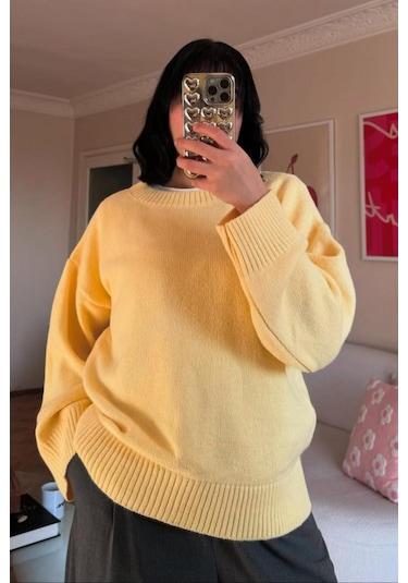 Sarı Bisiklet Yaka Oversize Triko Kazak Mg1972 Sarı