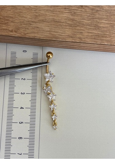 316 L Cerrahi Çelik Standart 10 Mm Baget Taşlı Sallantılı Yıldız Model Göbek Piercingi Gold