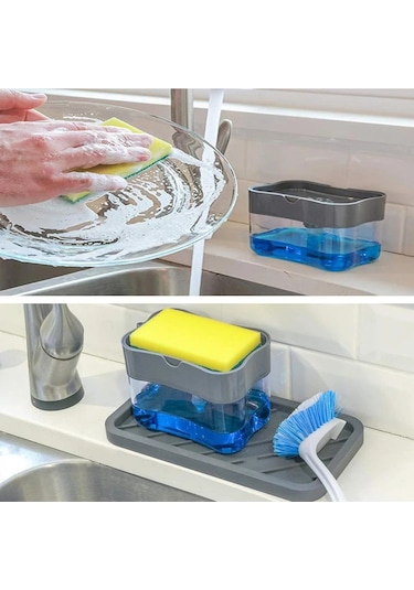 Gümüş-mutfak Aletleri Taşınabilir Deterjan Dispenseri Seti Mutfak Bulaşık Sabunu Kutusu İle Sünger Tutucu El Basın Köpük Sabunluk Pompası