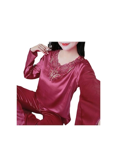 Şarap Kırmızısı 2 Adet/takım Rahat Bahar Gecelik Seti V Yaka Uyku Dantel Artı Boyutu Kadın Gecelik Yatak Odası İçin Set Şarap Kırmızısı