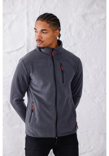 Monox Erkek Biyeli Fermuarlı Spor Polar Ceket Füme