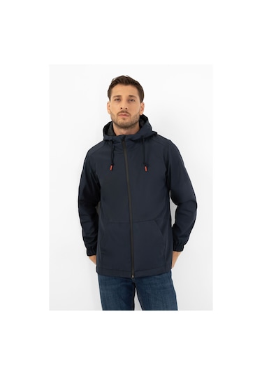 Erkek Lacivert İçi Astarlı Kanguru Cepli Su Ve Rüzgar Geçirmez Kapüşonlu Cepli Yağmurluk Lacivert