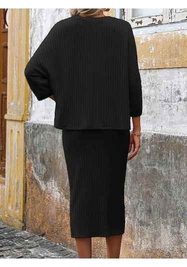 Reka Moda Kadın Uzun Kollu Yakası Açık Yarasa Kollu Şardonlu Kaşkorse Bluz Ve Etek Takım Siyah