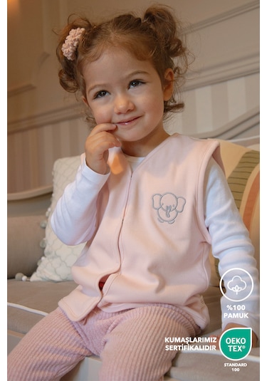 Lilalinda Bebek/çocuk Yelek Pembe %100 Pamuk Nakış Detaylı Pudra Pembe