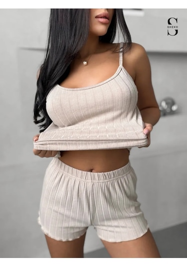 Sheko Kadın Pijama Takımı Evde Giyilebilecek Şortlu Ve Atletli. 401966373 Bej