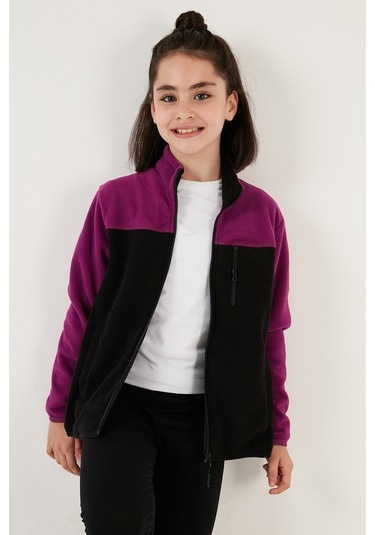 Lela Yumuşak Dokulu Fermuarlı Renk Bloklu Dik Yaka Cepli Hırka Unisex Çocuk Polar 5905001 Mor-Siyah