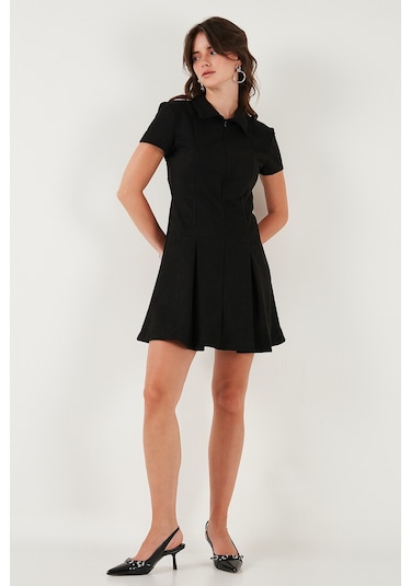 Lela Regular Fit Fermuarlı Polo Yaka Kısa Kollu Pileli Süet Bayan Elbise 5866438 Siyah