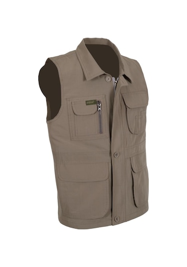 Erkek Keten Yelek Normal Kesim Yakalı Rar00880 Avcı Yeleği Krem