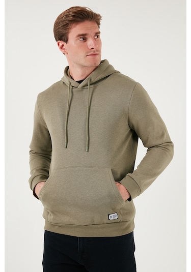 Buratti Regular Fit Kapüşonlu Kanguru Cepli Içi Tüylü Yumuşak Şardonlu Erkek Sweat 5905281 Vizon Yeşili