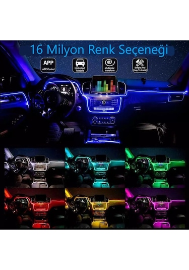 Araç Içi App Kontrollü Rgb Atmosfer Ambiyans Led Neon 5 Parça 6Mt