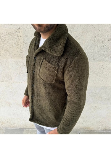 Erkek Pelüş Polar Hırka Gömlek Yakalı, İlik Düğmeli, Göğüs Cepli, Yumuşak Dokulu Kışlık Regular Fi Haki