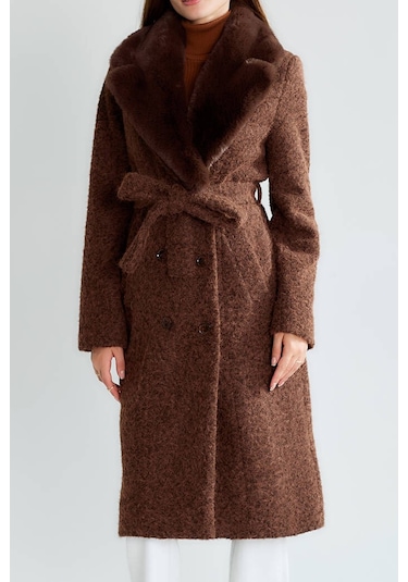 Kadın Kahverengi Bukle Kumaş Uzun Kaban Büyük Yakalı Kışlık Palto Teddy Kaban Kahve
