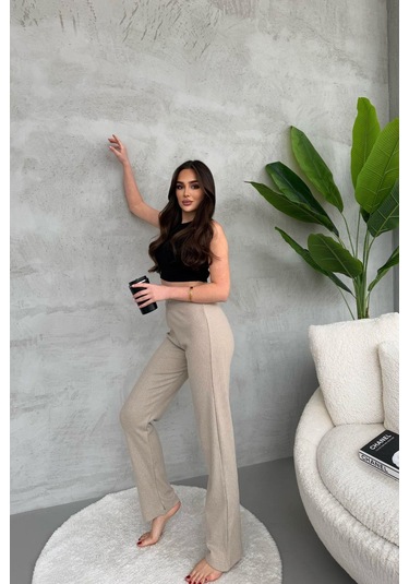 Kadın Vizon Yüksek Bel Fitilli Bol Paça Günlük İnce Eşofman Altı Vizon