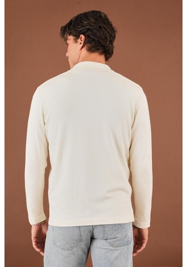 Fermuarlı Polo Yaka Kazak Ekru