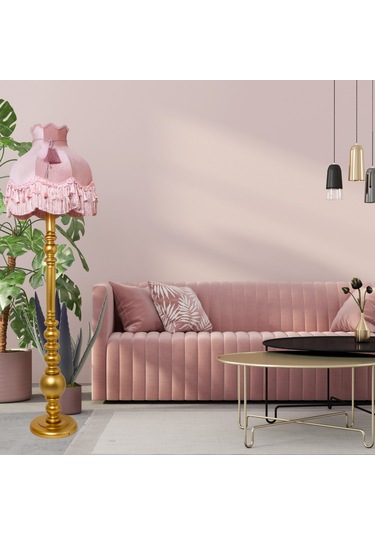 Vintage Ahşap Gold Ayak Pudra Pembe Lambader Püskül Süsleme 170x45cm Lm10422 Pembe