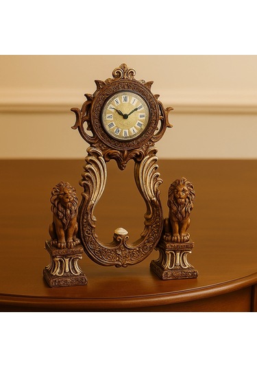 Aslan Figürlü Dekoratif Masa Saati Kraliyet Tarzı 40x28 A.kahve