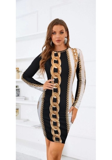 Kadın Uzun Kollu Bisiklet Yaka Scuba Midi Boy Elbise Desenli