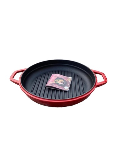 Hosse 28 Cm Yuvarlak Demir Döküm Grill Tava Çift Kulplu Kırmızı Kırmızı - Siyah