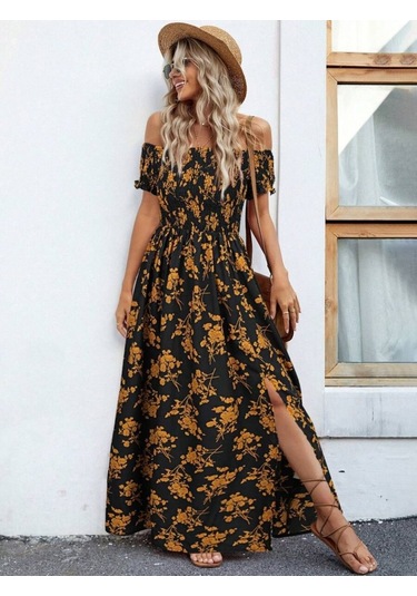 Kadın Kısa Kollu Madonna Yaka Yırtmaçlı Çiçek Desenli Süprem Elbise Siyah