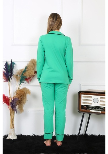 Akbeniz Kadın Pamuk Penye Önden Düğmeli Uzun Kol Yeşil Pijama Takım 2782-yesil Yeşil