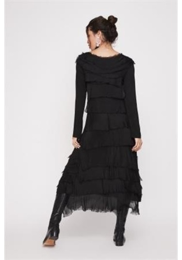 Italyan 2 Beden İnce Gösteren Kat Kat Uzun Kol Taşlanmış İpek Elbise-9189 Siyah