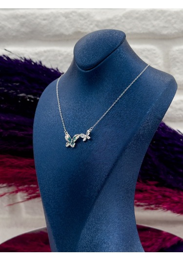 925 Ayar Gümüş Özel Tasarım Mineli Sıralı Kelebek Desenli Popüler Kadın Kolye Gümüş