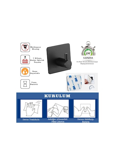 Ardini Kendinden Yapışkanlı Askılık Mat Siyah 01 Pakette 5 Adet Mat Siyah