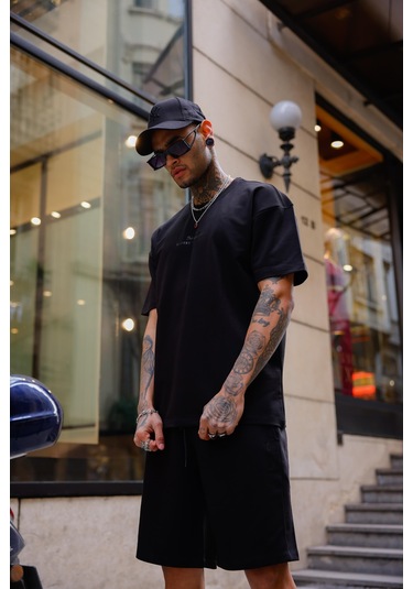 Siyah Renk Bisiklet Yaka Şort Tişört Takım-1707 Siyah