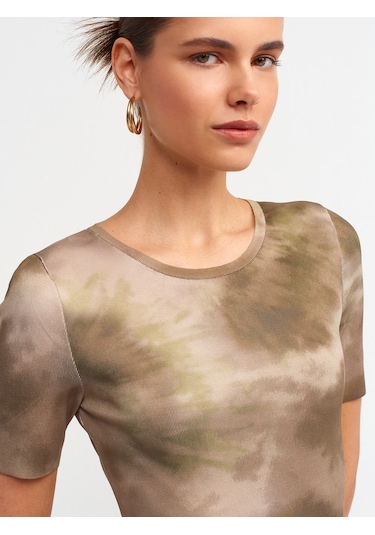 Dilvin Bisiklet Yaka Kısa Kol Baskılı Triko Elbise Haki