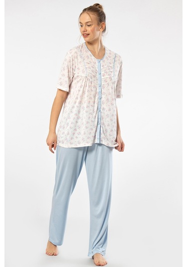 Türen 3370 Kadın Büyük Beden Kısa Kollu Pijama Takım-mavi Mavi