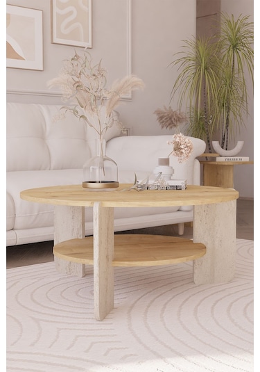 İskandinav Orta Sehpa 90 Cm, Bohem - Safir Meşe & Traverten
