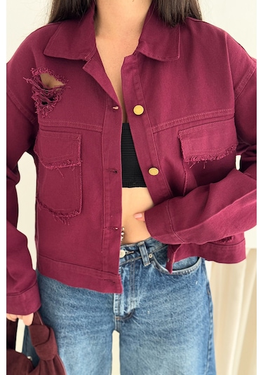 Kadın Yırtık Detaylı Crop Ceket Dinamik & Sokak Stili Bordo