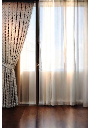 Pastel Püsküllü Fon Perde Bej Renk - Modern Ve Neşeli Tasarım Bej