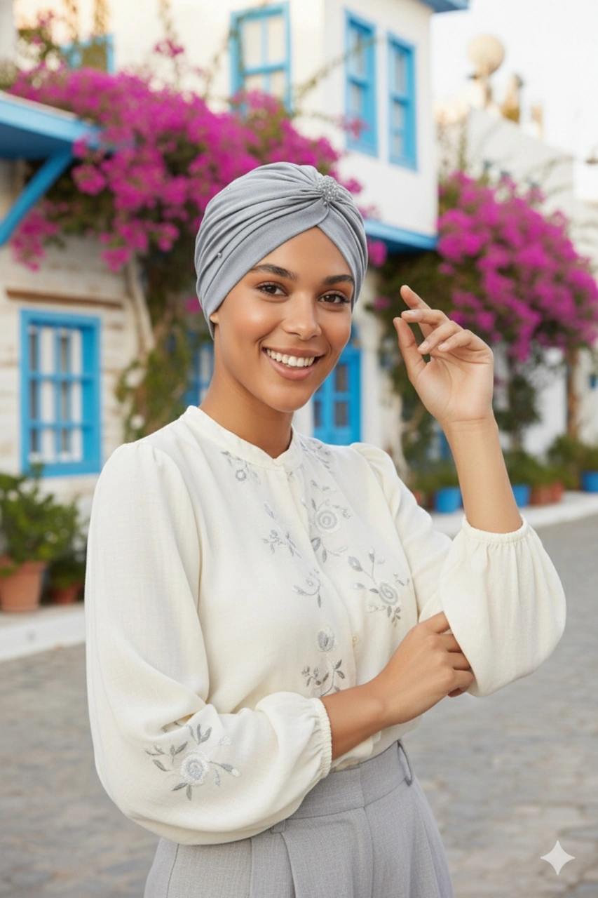 Kristal Tüllü Astarlı Gri Hazır Türban Tesettür Abiye Bone Fdn2016-212 Gri