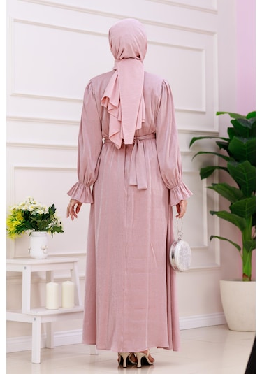 Kolu Volanlı Simli Alya Abiye-pembe-4873