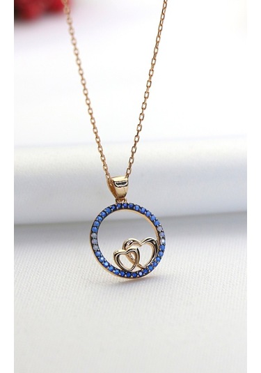 Mavi Nano Taşlı Kalp Gümüş Kolye (479068387)-Rose Gold
