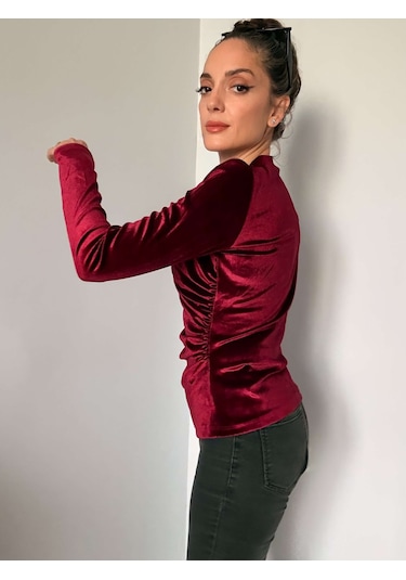 Ali Butik Bordo Balıkçı Yaka Kadife Bluz Bordo
