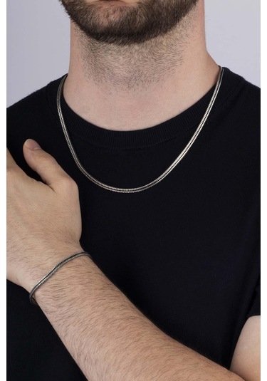 Gümüş Pazarım Tilki Kuyruğu 925 Ayar Gümüş Erkek Zincir Bileklik Kolye Kombini Çok Renkli