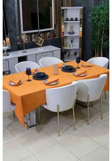 Dream 8 Parça Masa Örtüsü Seti Çeyiz Seti Salon Masa Örtüsü, Runner, 6'lı Peçete Turuncu