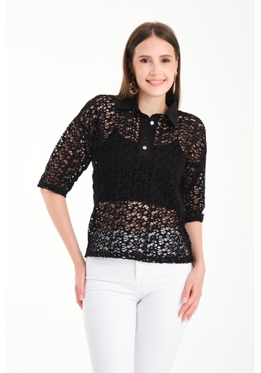 Polo Yaka Dantel Gömlek Siyah