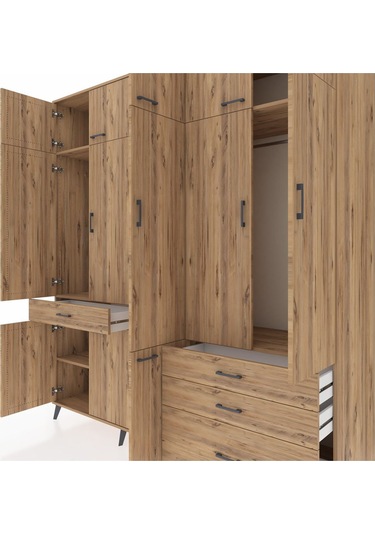 Kronos Dolap 8 Raflı 4 Çekmeceli 3 Askılı 220x59x243 Çam-çam/çam Atlas Çam/atlas Çam