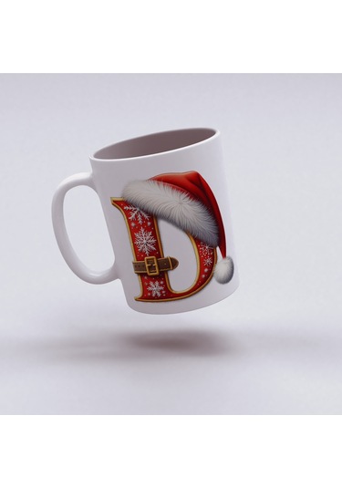 D Harfi Yılbaşı Temalı Bardak 330 Ml Harfli Kişiye Özel Hediye - Yeniyıl / Noel Şapka Tasarım Beyaz