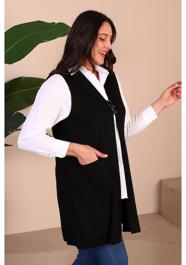 Kadin Buyuk Beden Tesettur Yelek Düğmeli Ve Cepli Esnek Yelek 001